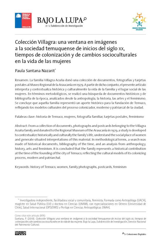 Colección Villagra: una ventana en imágenes a la sociedad temuquense de inicios del siglo XX, tiempos de colonización y de cambios socioculturales en la vida de las mujeres 