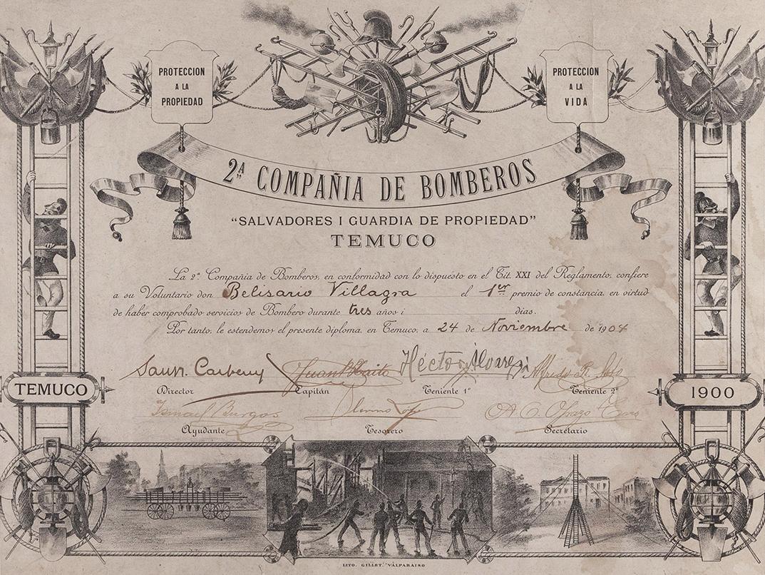 Diploma otorgado por la Segunda Compañía de Bomberos a Belisario Villagra