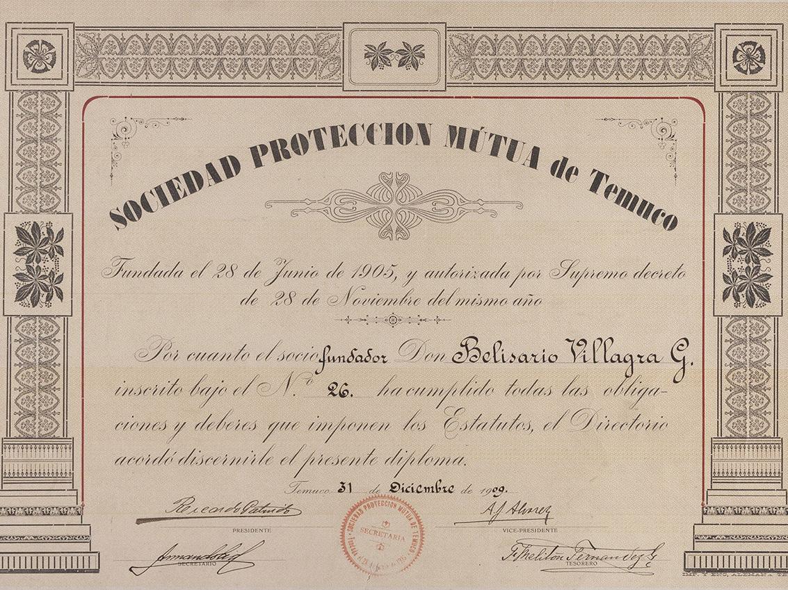 Diploma otorgado a Belisario Villagra por la Sociedad de Protección Mutua de Temuco