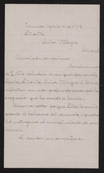Carta de condolencias de compañeras de Luisa Villagra por el fallecimiento de su padre
