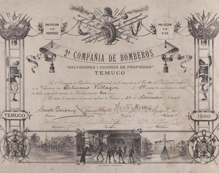 Diploma otorgado por la Segunda Compañía de Bomberos a Belisario Villagra