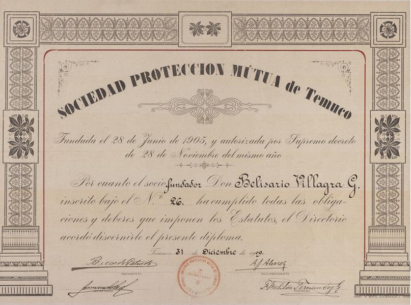Diploma otorgado a Belisario Villagra por la Sociedad de Protección Mutua de Temuco