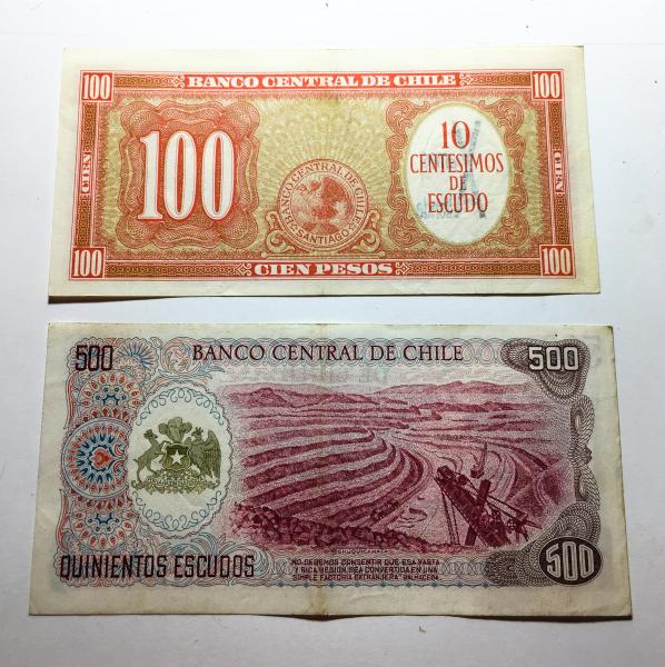 billetes de 100 decimos y 500 escudos.
